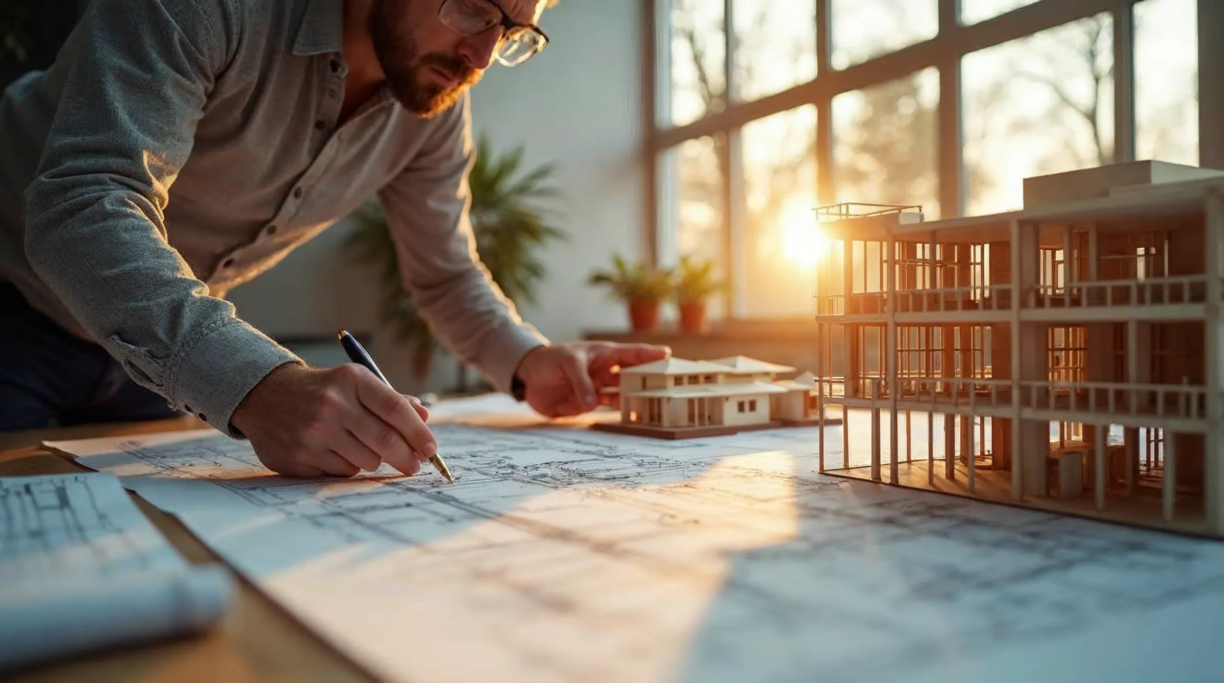 KI-erzeugtes Bild: Architekturmodell im warmen Abendlicht