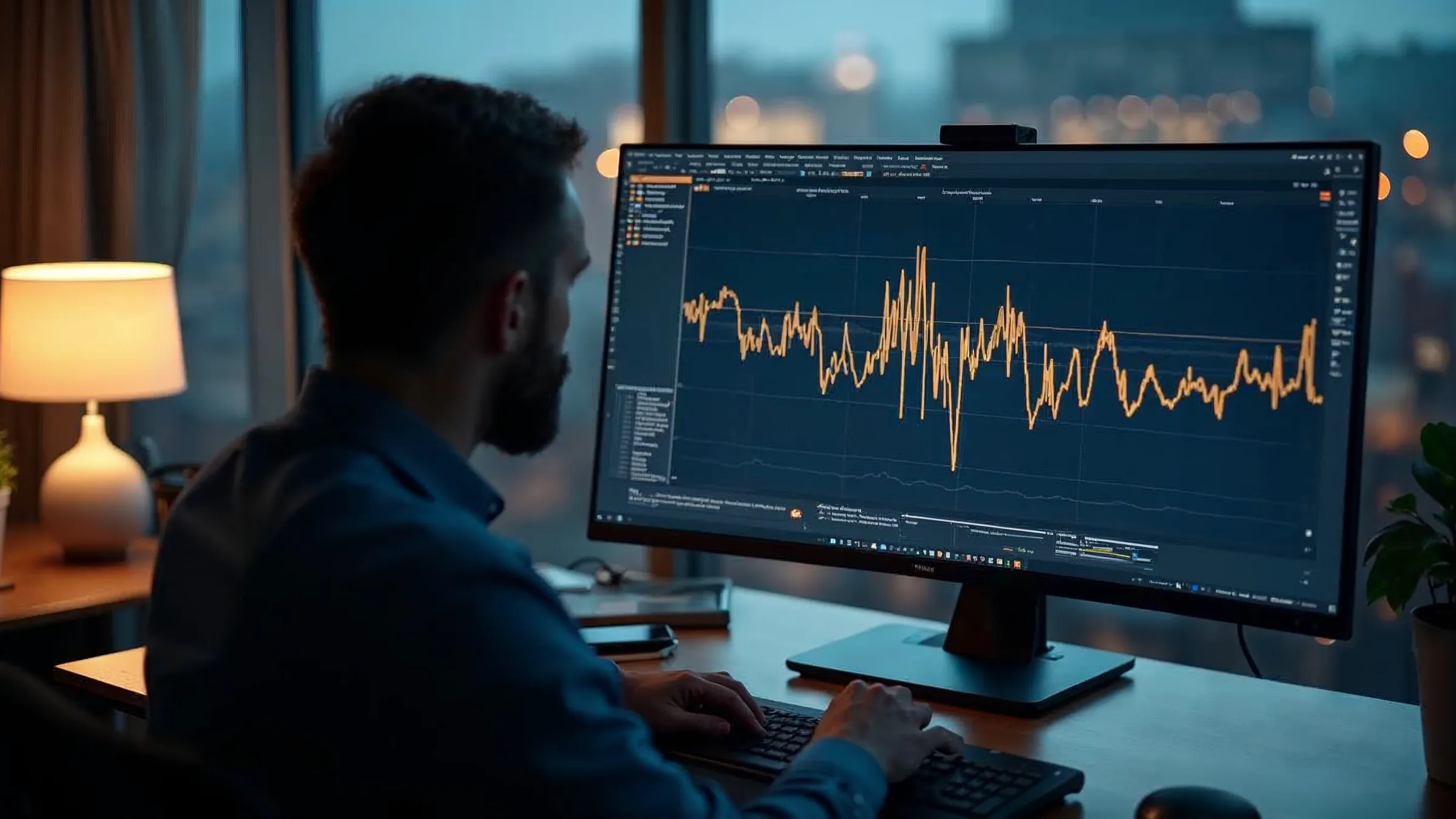 KI-erzeugtes Bild: Ingenieur abends im Büro vor einem großen Monitor, dunkle Software-Oberfläche mit der Wellenform einer Sprachaufnahme und Absätzen eines Protokolls