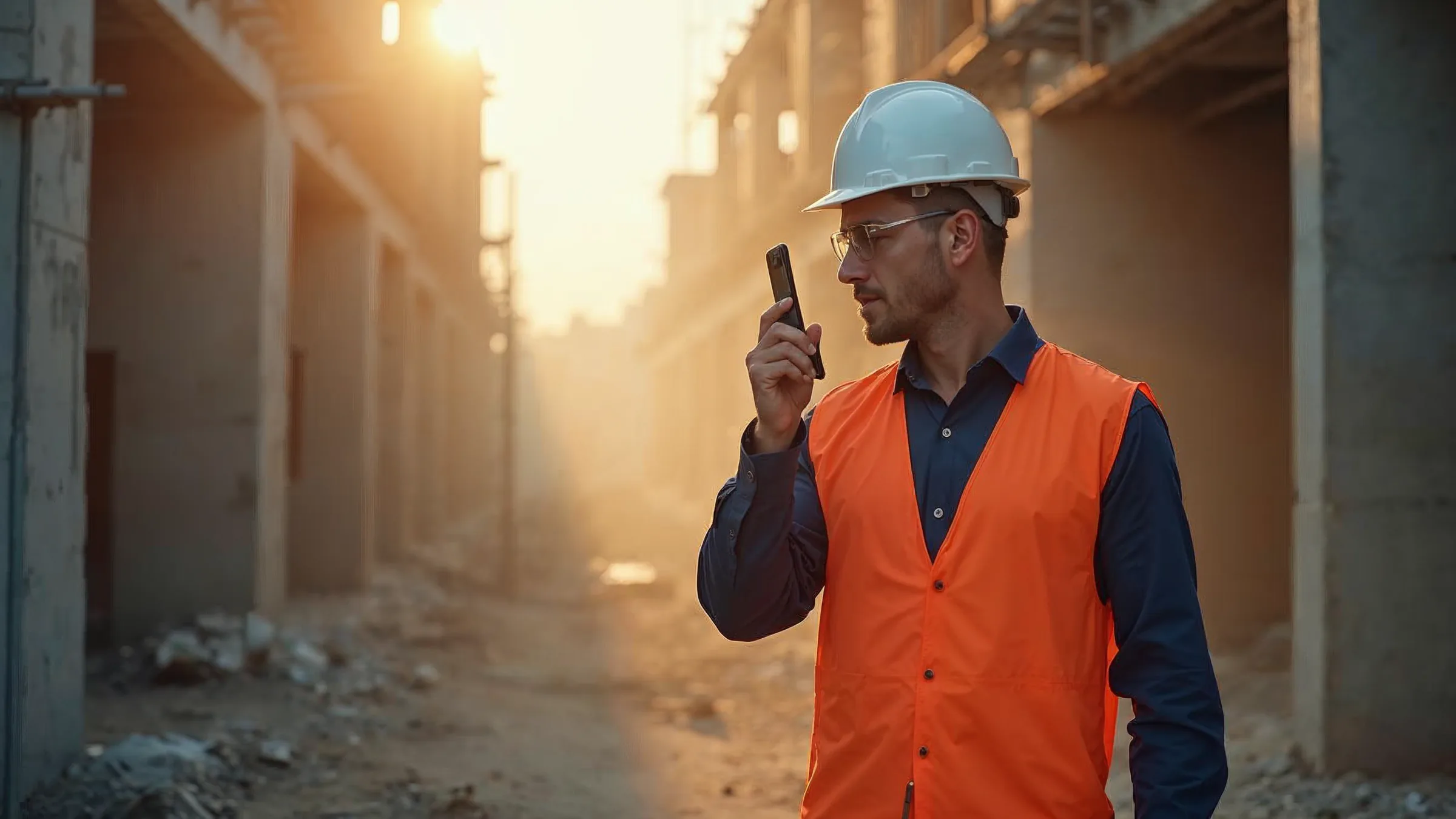 KI-erzeugtes Bild: Bauleiter im Abendlicht auf einer Baustelle, der in sein Smartphone spricht; im Hintergrund Rohbau und Gerüst