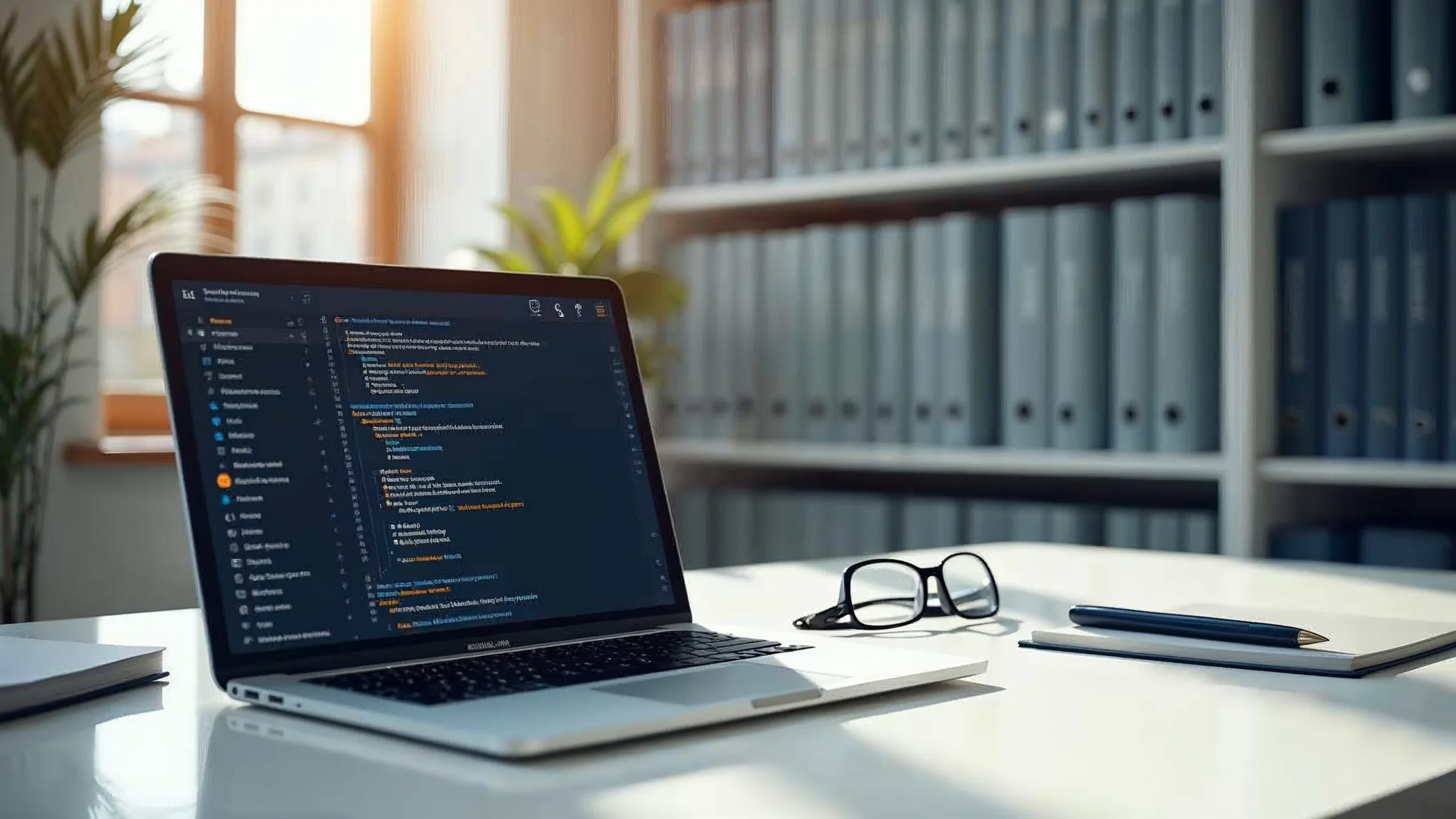 KI-erzeugtes Bild: Laptop mit einem Gutachten-Entwurf auf dunkler Software-Oberfläche mit orange markierten Passagen in einem hellen Büro, Normenordner im Regal, Lesebrille daneben