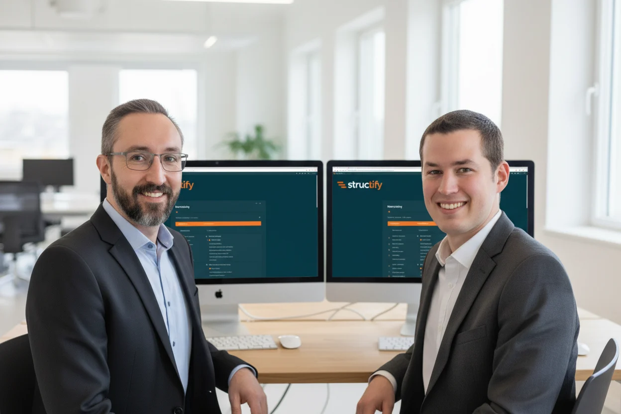 KI-erzeugtes Bild: die Structify-Gründer Tim Rosen und Felix König am Schreibtisch mit der Structify-Software